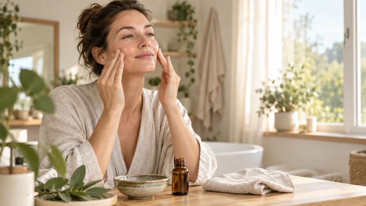 Automassage du visage avec une huile végétale dans une ambiance naturelle