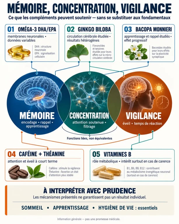 Infographie sur le complément alimentaire mémoire, la concentration, la vigilance et les principaux actifs proposés