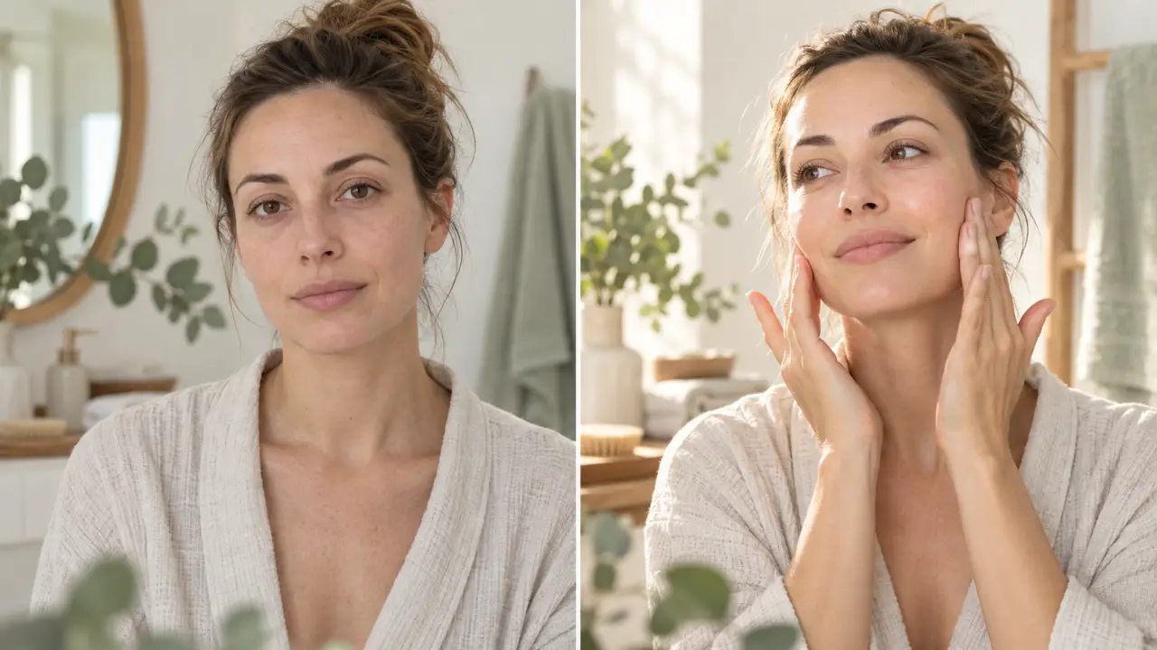 Femme réalisant un auto-massage doux du visage dans une lumière naturelle