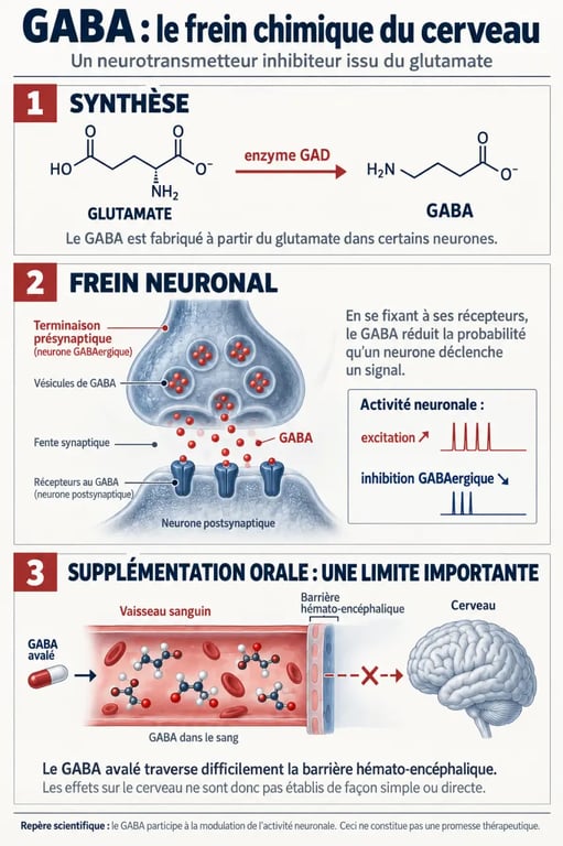 Infographie scientifique sur le GABA complément alimentaire et son rôle de neurotransmetteur inhibiteur