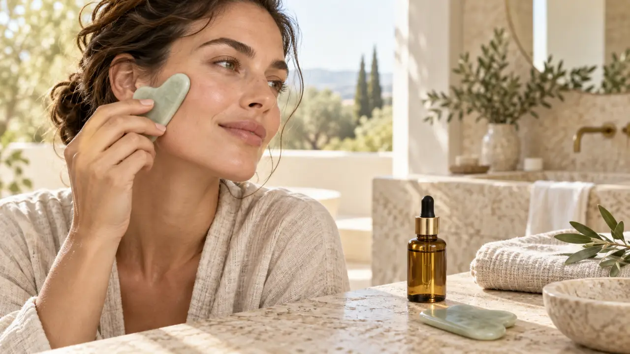 Soin du visage au gua sha avec une huile végétale naturelle