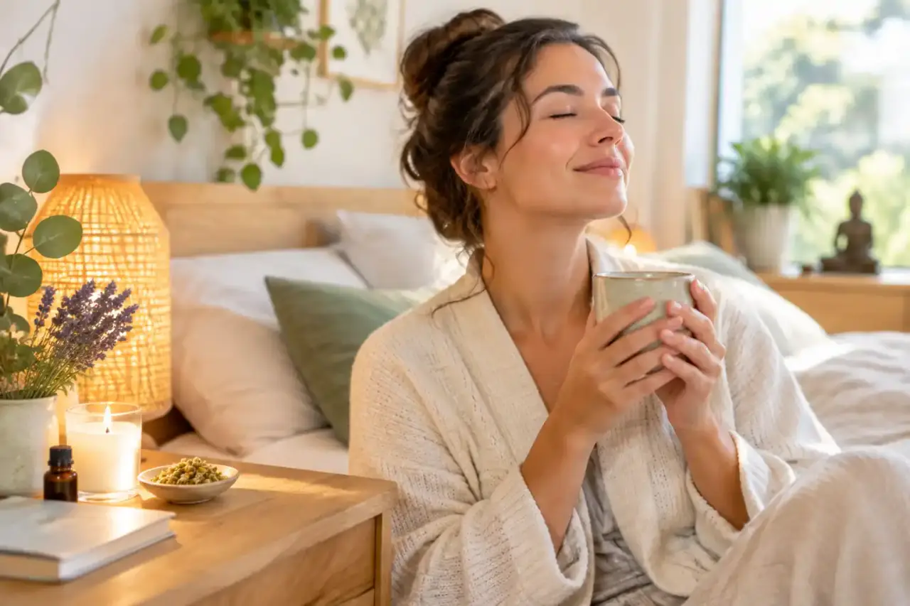 Rituel du soir naturel avec tisane, bougie et soins dans une ambiance douce