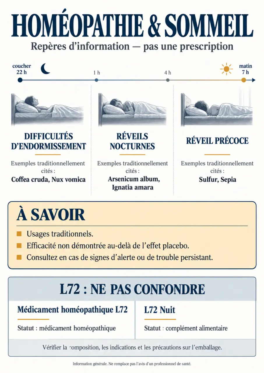 Infographie sur l’homéopathie sommeil, les troubles nocturnes, les usages traditionnels et les précautions