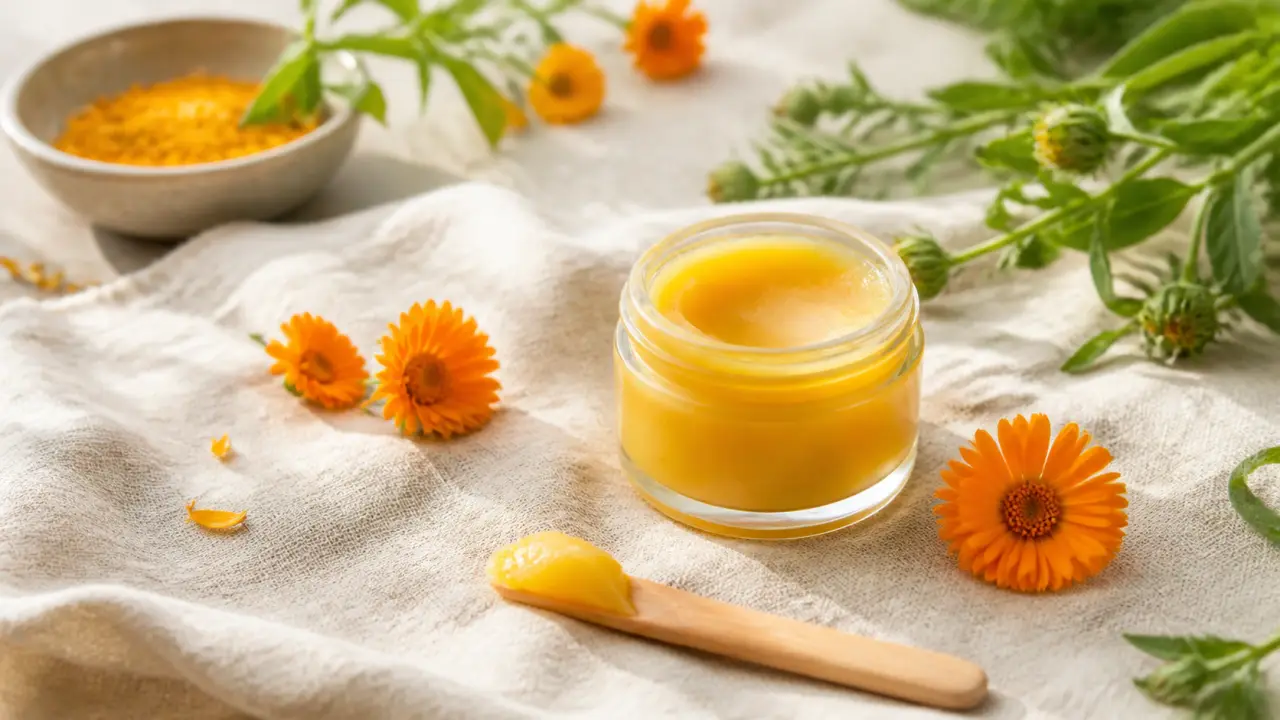 Texture de baume au calendula sur une feuille verte, ambiance lumineuse et apaisante
