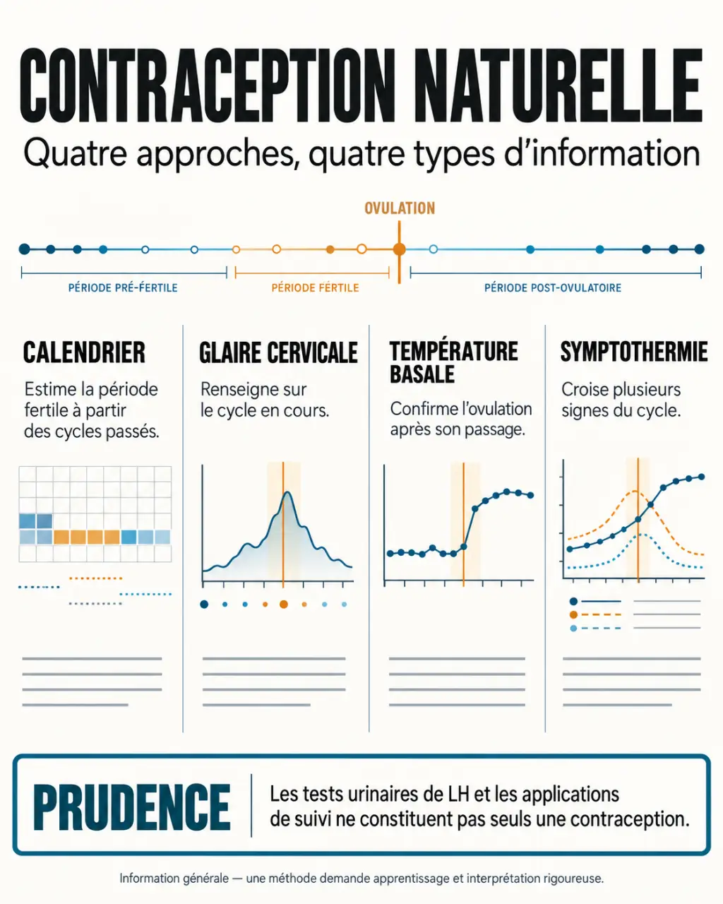 Contraception naturelle : comparaison visuelle du calendrier, de la glaire cervicale, de la température et de la symptothermie