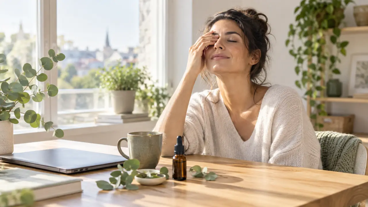 Femme se détendant les yeux après avoir utilisé un écran, dans une lumière naturelle douce