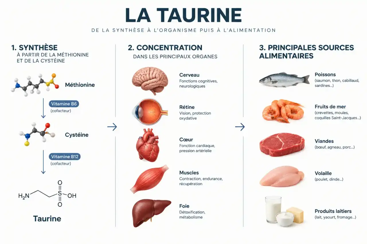 Schéma de la taurine en complément alimentaire : synthèse dans le corps, organes concernés et sources alimentaires