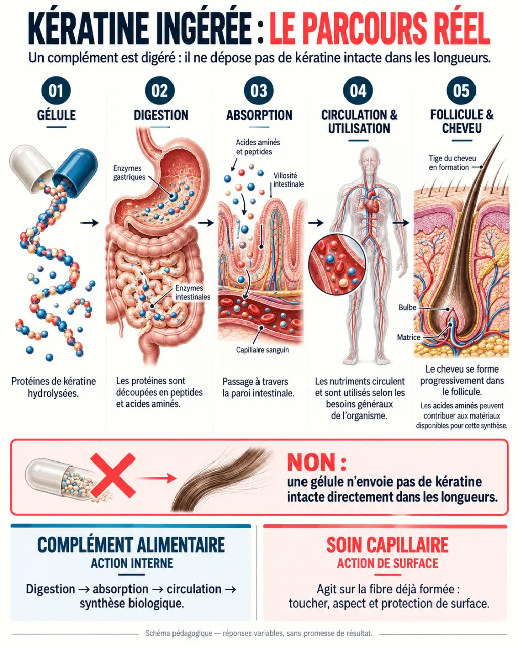 Infographie sur le complément alimentaire de kératine et son parcours après ingestion jusqu’à la formation du cheveu