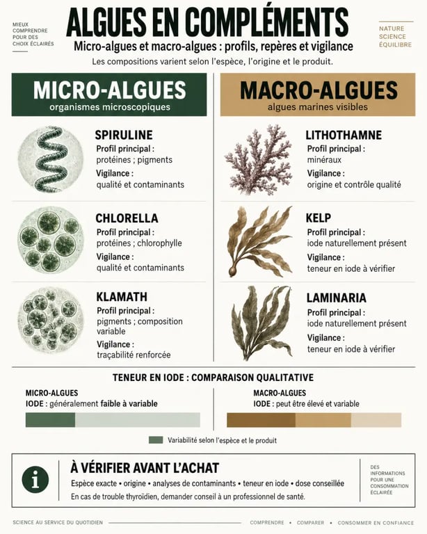 Infographie comparative sur les algues compléments alimentaires et leurs principaux points de vigilance