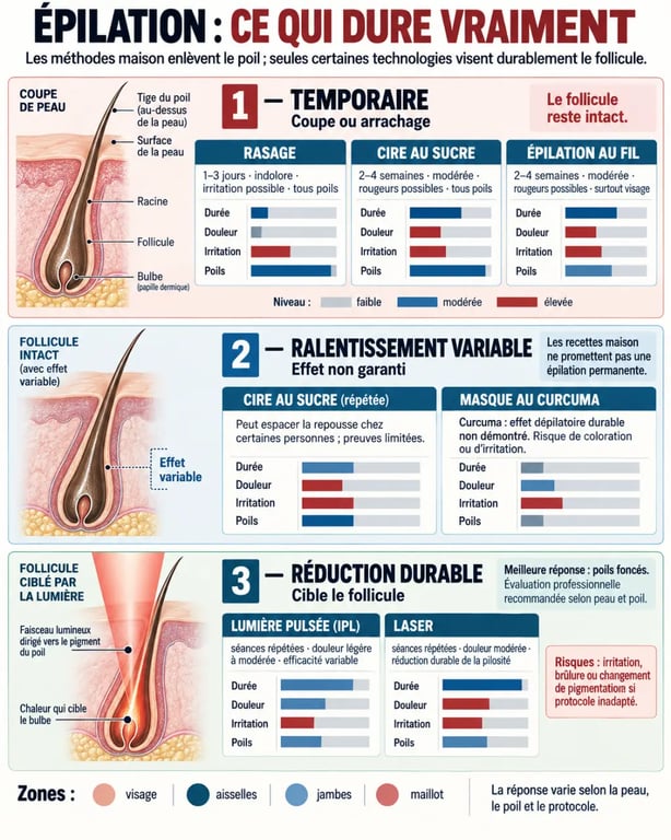 Infographie pour enlever les poils définitivement naturellement : comparaison des méthodes maison, de la lumière pulsée et du laser