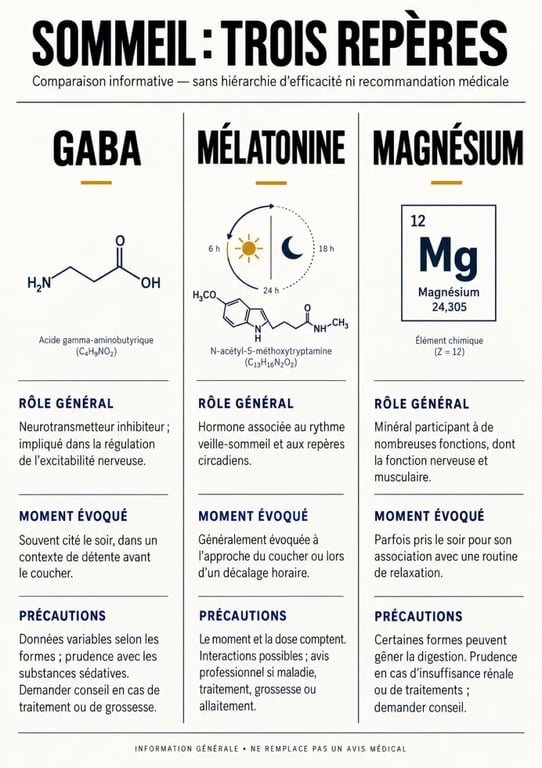 Infographie comparative du GABA complément alimentaire, de la mélatonine et du magnésium