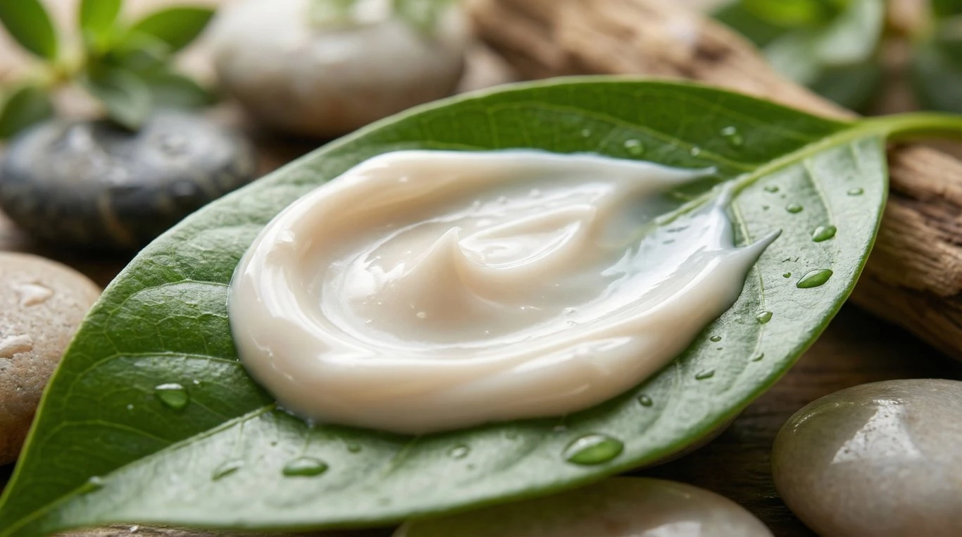 Texture de crème hydratante onctueuse sur une feuille verte
