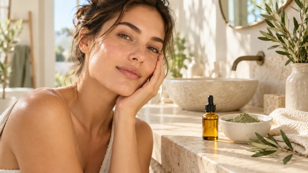 Texture naturelle et lumineuse évoquant une routine douce pour peau grasse