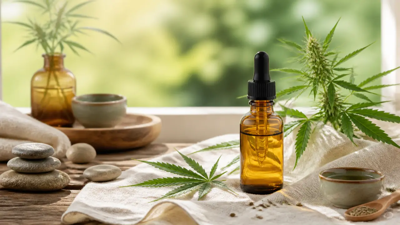 Texture de sérum au chanvre sur le visage dans une ambiance lumineuse et naturelle