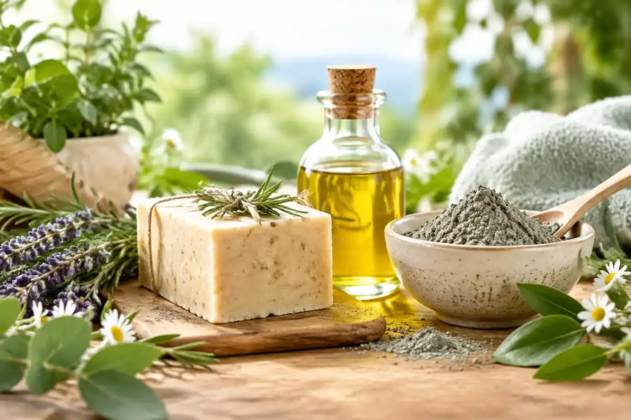 Savon naturel, flacon d’huile végétale et bol d’argile dans une salle de bain lumineuse