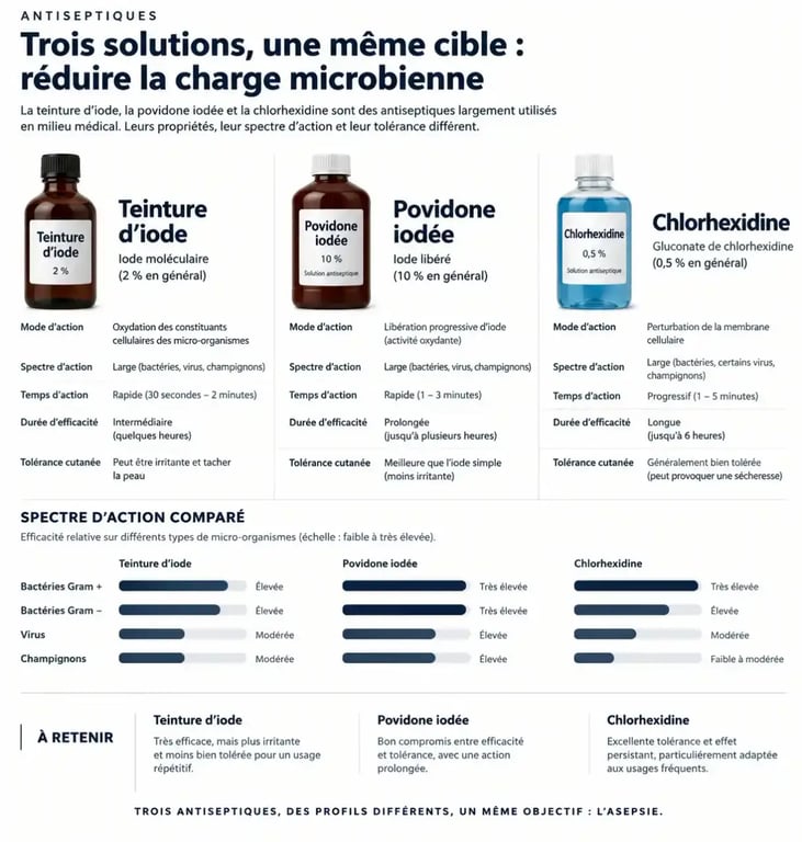 Comparatif des antiseptiques : teinture d'iode, Bétadine et chlorhexidine pour le soin des plaies