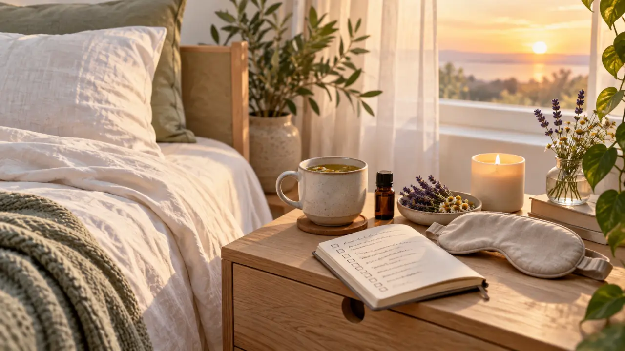 Rituel naturel du soir avec tisane, bougie et soins dans une ambiance douce