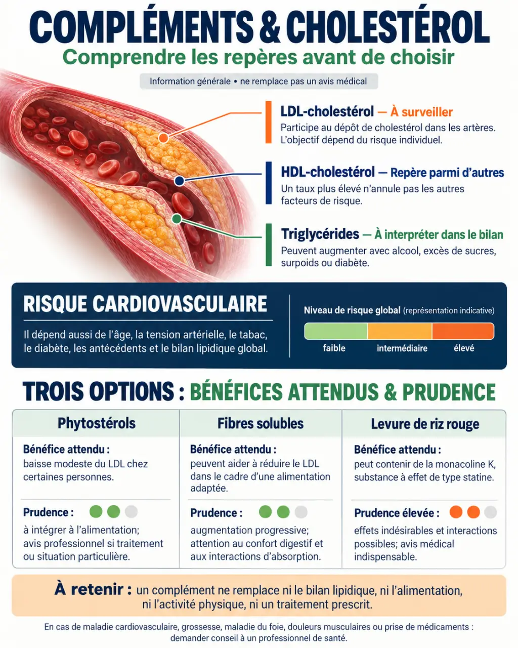 Infographie sur le complément alimentaire cholestérol et les différences entre LDL, HDL, triglycérides et principaux actifs