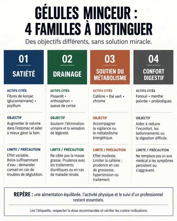 Infographie comparative des familles de gélules pour maigrir selon l’objectif et les précautions