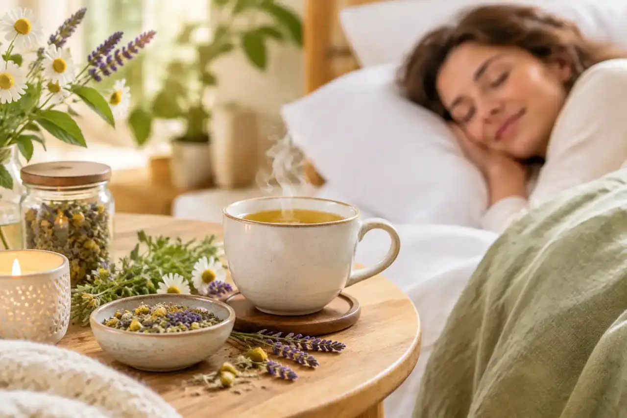 Tasse de tisane naturelle posée près d'un carnet dans une ambiance douce du soir
