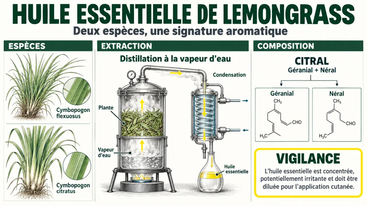 Infographie sur les lemongrass huiles essentielles, les espèces botaniques, le citral et les précautions d’utilisation