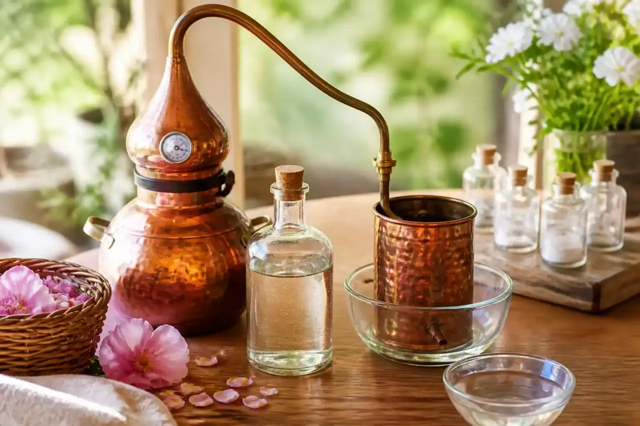 Distillation maison d'hydrolat de plantes dans une cuisine lumineuse