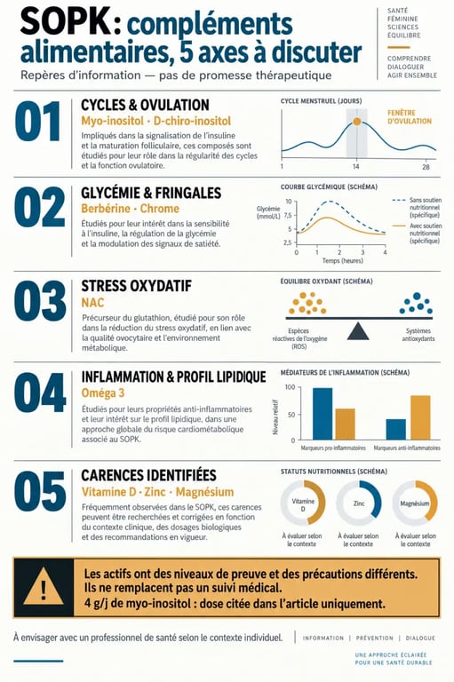 Compléments alimentaires SOPK : graphique des actifs selon les objectifs et précautions