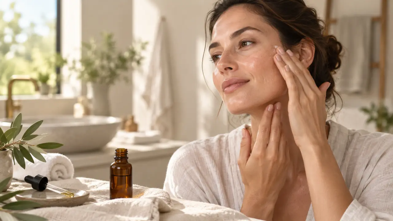 Automassage facial avec une huile végétale naturelle dans une ambiance douce et lumineuse