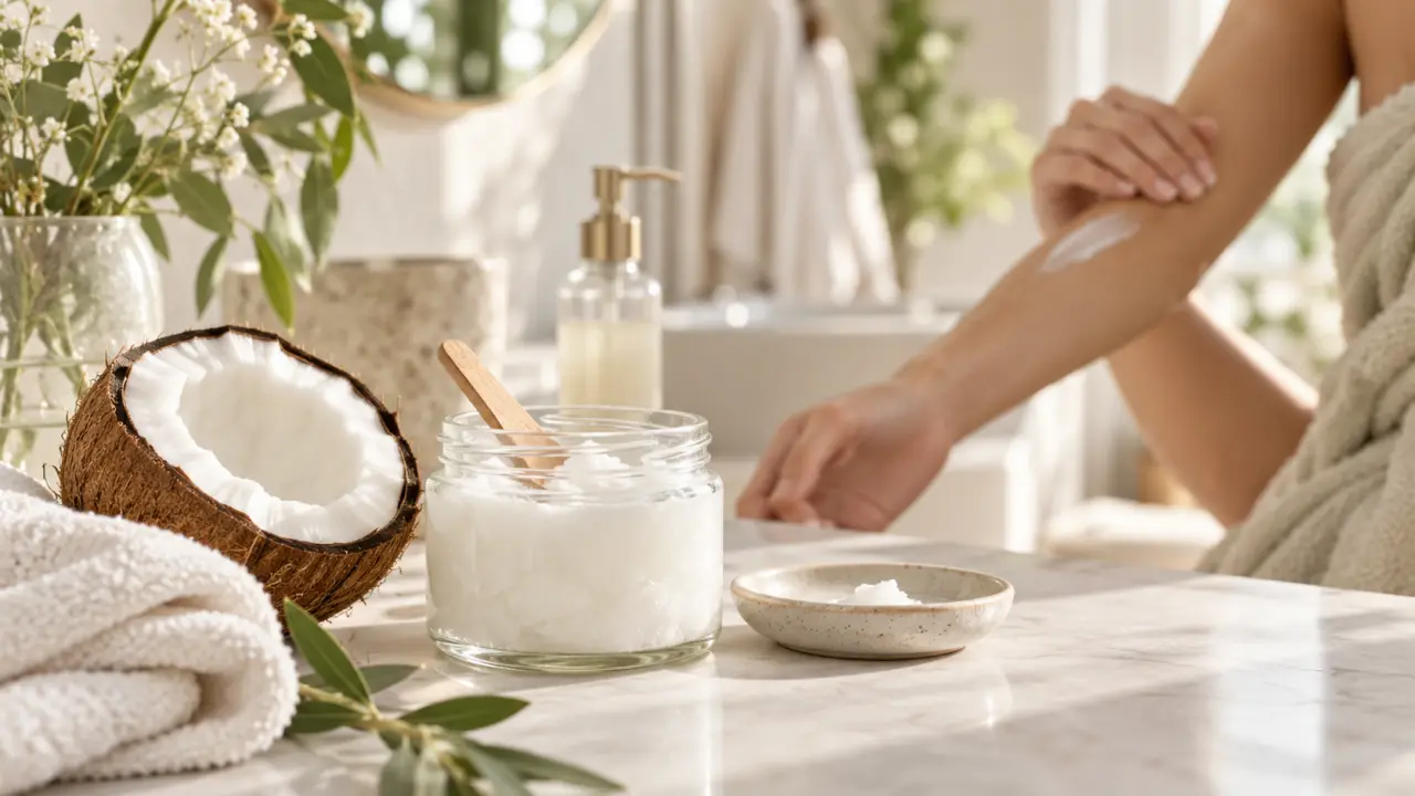 Texture d’huile de coco naturelle sur une peau illuminée par une lumière douce