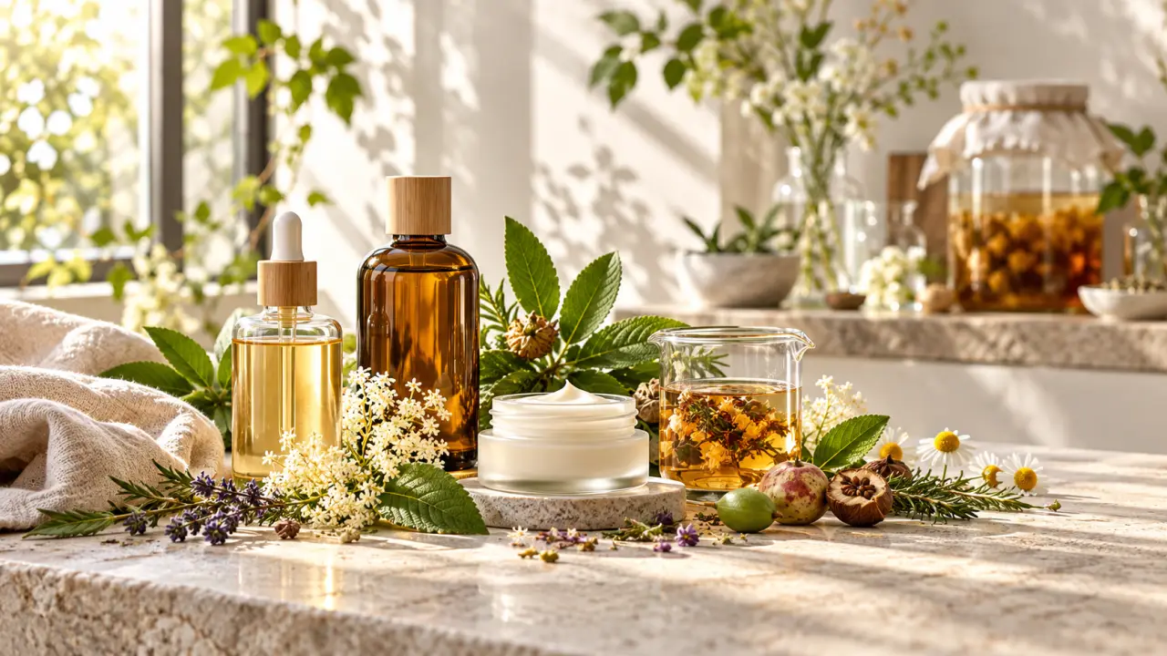 Soin botanique fermenté et plantes fraîches dans une salle de bain naturelle