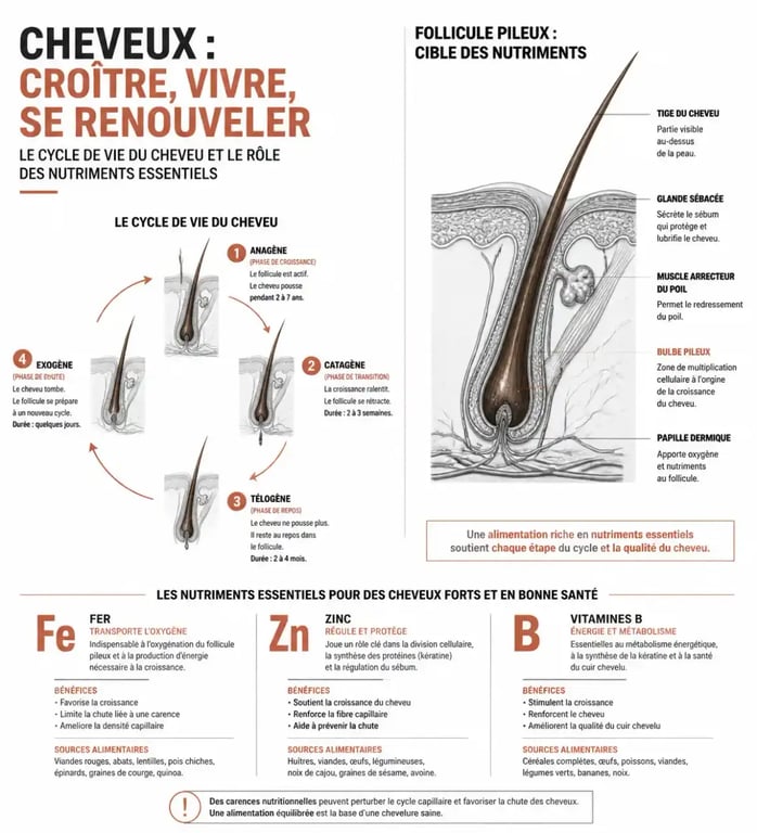 Infographie sur les vitamines pour les cheveux qui tombent et nutriments essentiels