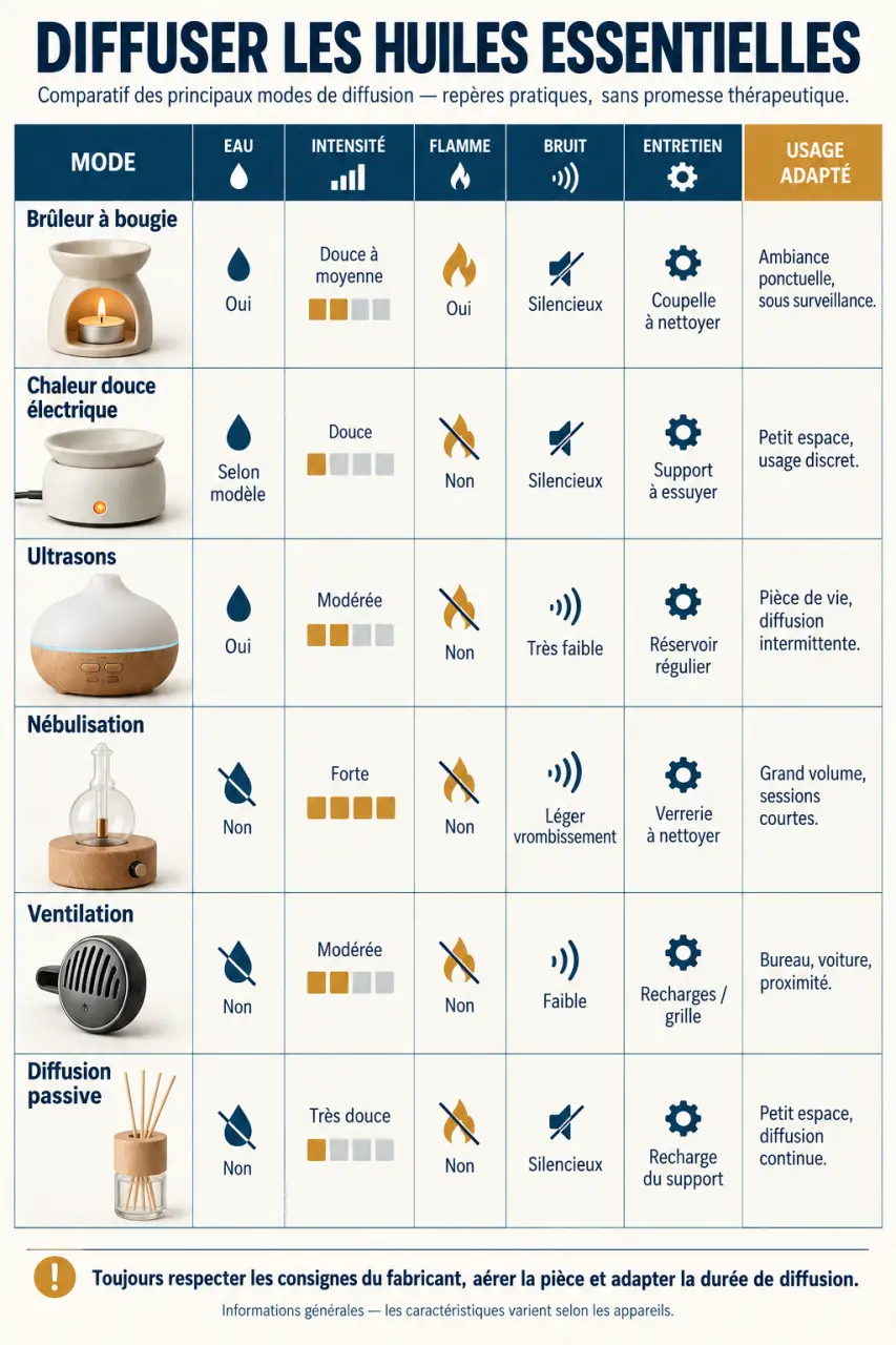 Infographie comparative sur les huiles essentielles bruleur et les différents modes de diffusion