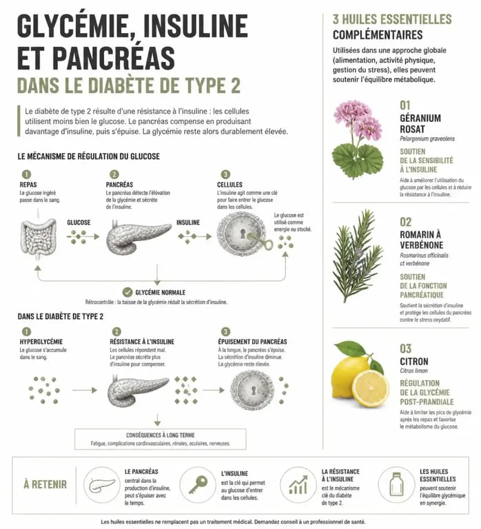 Infographie sur les huiles essentielles et diabète expliquant le rôle du géranium rosat, du romarin à verbénone et du citron sur la glycémie