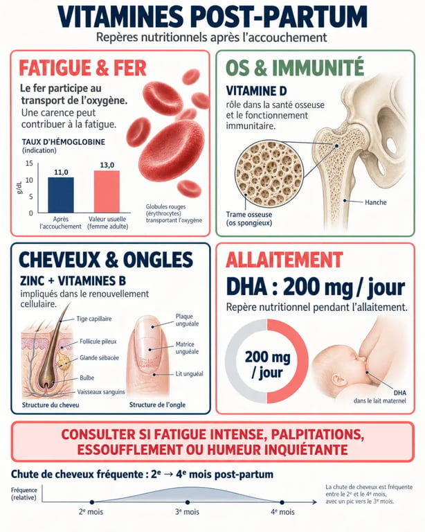 Infographie sur les vitamines post partum, les nutriments selon les besoins et les signes nécessitant un avis médical