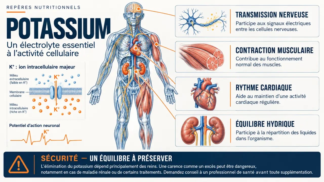 Rôle du complément alimentaire potassium dans les muscles, les nerfs, le cœur et l’équilibre hydrique