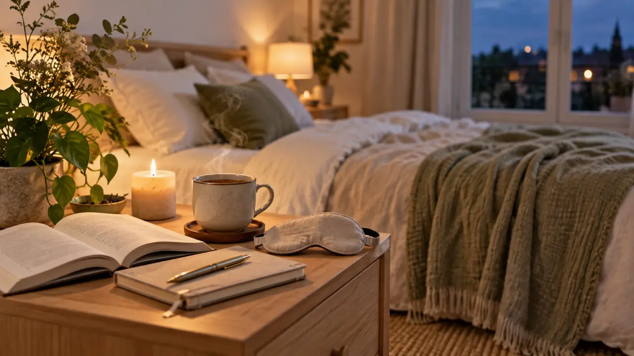 Rituel du soir naturel avec une tisane, un carnet et une lumière douce