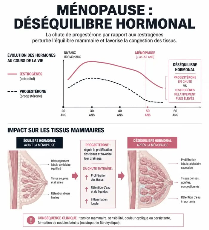 Schéma explicatif du déséquilibre hormonal responsable des douleurs mammaires ménopause