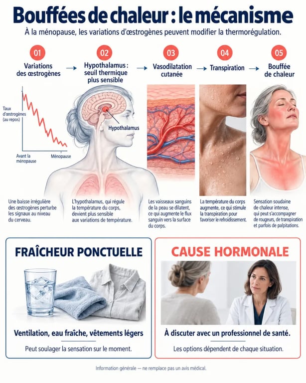 Infographie sur les bouffées de chaleur et huiles essentielles, la thermorégulation et la ménopause
