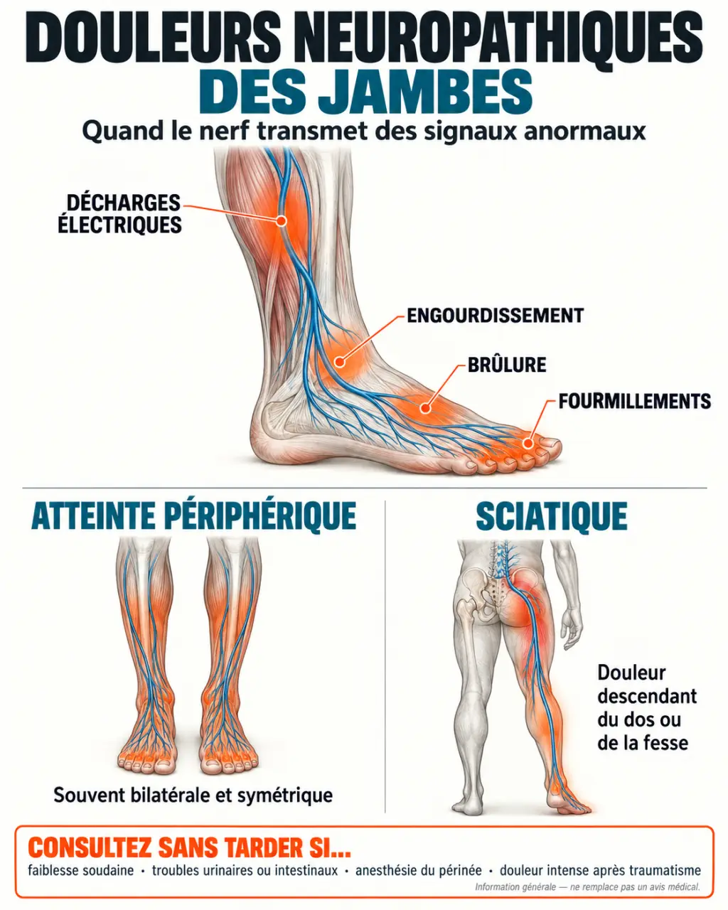 Douleurs neuropathiques jambes traitement naturel : schéma des nerfs, symptômes et signes d'alerte